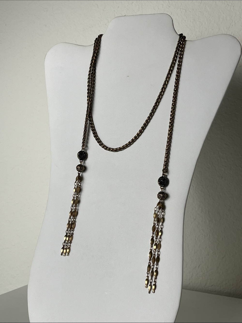 Women's Long Double-Chain Tassel Necklace in Antique Gold Tone